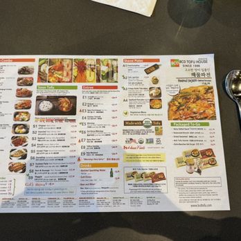 BCD Tofu House - Menu and metal chopsticks - Korean Near Me - Irvine, California BCD Tofu House - Menu and metal chopsticks - Korean Near Me - Irvine, California