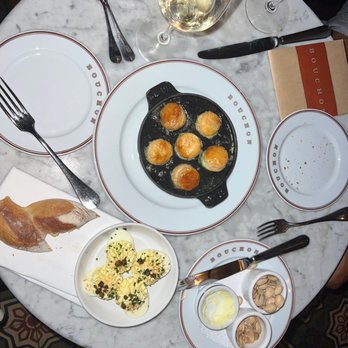 Bouchon - Escargots la Bourguignonne; Oeufs Mimosa; bread + butter - French Near Me - Yountville, California Bouchon - Escargots la Bourguignonne; Oeufs Mimosa; bread + butter - French Near Me - Yountville, California