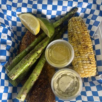 RNB Finz N Chicks - Grilled Red Snapper Meal, Grilled asparagus asparagus and grilled corn and grilled corn - Food Trucks Near Me RNB Finz N Chicks - Grilled Red Snapper Meal, Grilled asparagus asparagus and grilled corn and grilled corn - Food Trucks Near Me