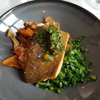 Beckta Dining & Wine - Rainbow trout with persimmon and rapini tabouleh with mushrooms, roasted eggplant and bean silk with crispy root vegetables - Wine Bars Near Me - Ottawa, Ontario