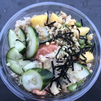 Poke Bowl - Snack Poke Bowl - spicy salmon with brown rice, cucumbers, edamame, mango, ginger, house sauce, nori, tempura flakes - Poke Near Me - New York, New York