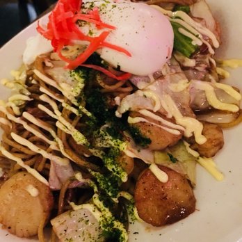 Kyatchi - Kaisen Yakisoba (Japanese egg noodles, shrimp, scallops, cabbage, onion, poached egg, red ginger, Japanese mayo, seaweed flakes, $15.5). - Japanese Near Me - Minneapolis, Minnesota Kyatchi - Kaisen Yakisoba (Japanese egg noodles, shrimp, scallops, cabbage, onion, poached egg, red ginger, Japanese mayo, seaweed flakes, $15.5). - Japanese Near Me - Minneapolis, Minnesota