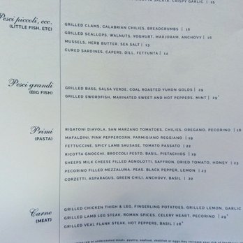 Lilia - Pesci piccoli, Pesci grandi, Primi, & Carne menu. Mon dinner 2017-06-11 - Italian Near Me - Brooklyn, New York