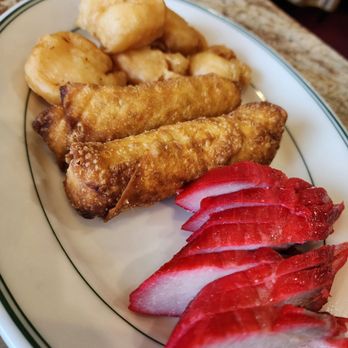 Lucky Dragon Restaurant - Appetizer combo. Yummy shrimp, egg roll and BBQ pork - Chinese Near Me - Ocean Shores, Washington