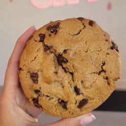 a hand holding a chocolate chip cookie