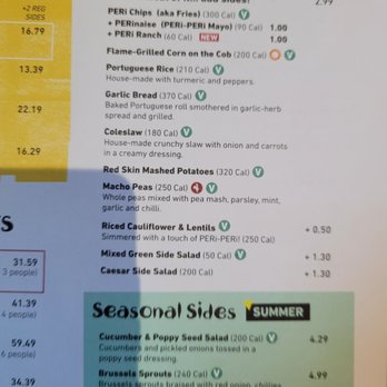 Nando's Peri-Peri - Menu with the sides I had texted my friend since they were out of the red skin mashed potatoes he knew he wanted - Portuguese Near Me - Gaithersburg, Maryland