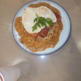 Scramblers Cafe - Loco Moco w Portuguese Sausage and Over medium eggs - Breakfast & Brunch Near Me - Ontario, California