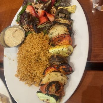 Panini Kabob Grill - Vegetable Kabob with bulgar pilaf and strawberry salad - Mediterranean Near Me - Long Beach, California Panini Kabob Grill - Vegetable Kabob with bulgar pilaf and strawberry salad - Mediterranean Near Me - Long Beach, California