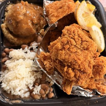Bakery And Bites - Combo Basa Fish (2)/ Shrimp (4) Plate w/black-eyed peas/rice & cornbread dressing w/a savory gravy - Custom Cakes Near Me - Pittsburg, California