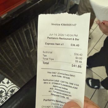 Pantanos Restaurant & Bar - Receipt for 7 empanadas plus unauthorized Tip - Seafood Near Me - Chicago, Illinois Pantanos Restaurant & Bar - Receipt for 7 empanadas plus unauthorized Tip - Seafood Near Me - Chicago, Illinois