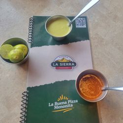 Pizzas La Sierra - The menu and salsa.