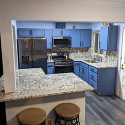 ABQ Quartz & Granite - Bran new blue flower granite counter tops in small and unique kitchen