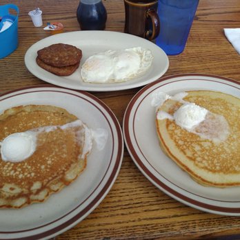 Biscuits Country Cafe - Buckwheat and a buttermilk pancake with eggs and sausage - Breakfast & Brunch Near Me - Tucson, Arizona