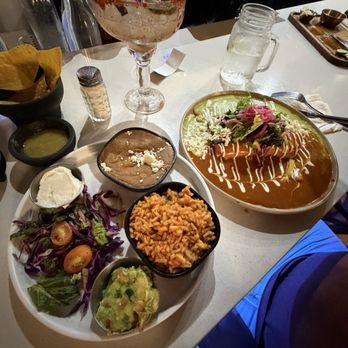 Amelias Mexican Kitchen - Shrimp enchiladas with both red and green sauce. Side dishes of beans and rice - Mexican Near Me - Tucson, Arizona