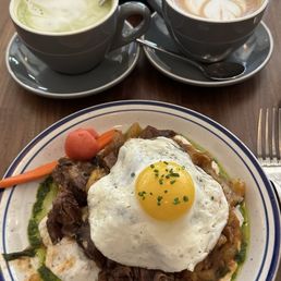 House Hash (bottom), matcha latte (top left), chai latte (top right) House Hash (bottom), matcha latte (top left), chai latte (top right)