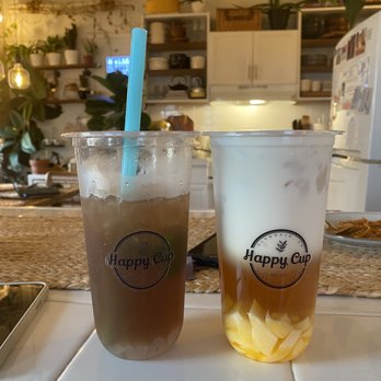 Happy Cup - Left: Minty Tamarind with lychee Right: Hojicha Green Milk Tea w/ egg pudding and half & half - Bubble Tea Near Me - Glendale, California Happy Cup - Left: Minty Tamarind with lychee Right: Hojicha Green Milk Tea w/ egg pudding and half & half - Bubble Tea Near Me - Glendale, California