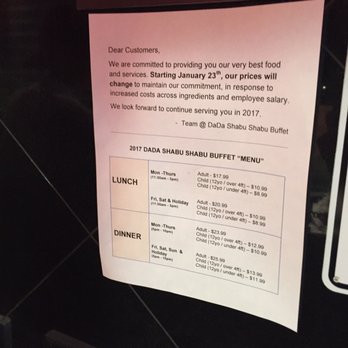 Dada Shabu Shabu Buffet - Prices go up due to minimum wage bump. - Korean Near Me - Irvine, California