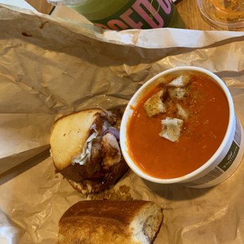 Panera Bread - Half Smokehouse BBQ Chicken Sandwich with Creamy Tomato Soup, French Baguette & Passion Papaya Iced Green Tea - Sandwiches Near Me - Alhambra, California Panera Bread - Half Smokehouse BBQ Chicken Sandwich with Creamy Tomato Soup, French Baguette & Passion Papaya Iced Green Tea - Sandwiches Near Me - Alhambra, California