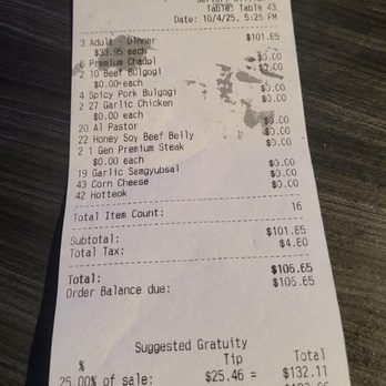 Gen Korean BBQ House - Bill.$33.95 dinner per person. - Korean Near Me - Honolulu, Hawaii
