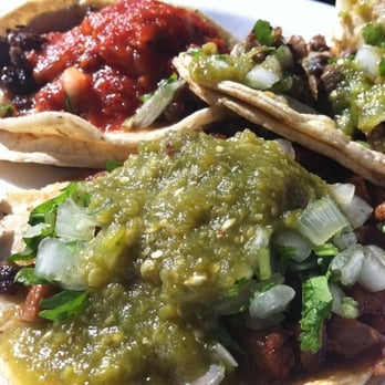 Tacos Al Vapor - Tacos Al Pastor and Steak Tacos with Salsa Verde and Salsa Rojo at Tacos al Vapor. Holy COW Goodness! - Food Stands Near Me Tacos Al Vapor - Tacos Al Pastor and Steak Tacos with Salsa Verde and Salsa Rojo at Tacos al Vapor. Holy COW Goodness! - Food Stands Near Me