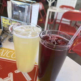 Tacombi - Agua frescas: Agua de Jamaica (hibiscus juice ) and agua de Piña (pineapple juice) - Tacos Near Me - Westbury, New York