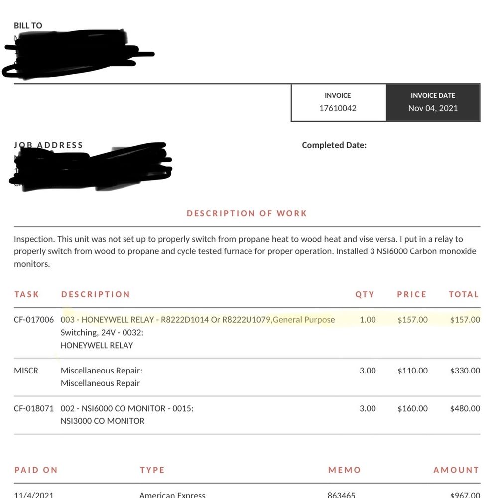 Answer Heating & Cooling - Vendor invoice showing relay that was not needed! Plus labor as well. - Heating & Air Conditioning/HVAC Near Me - Freeland, Michigan