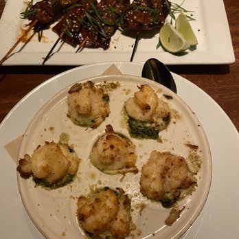 Seasons 52 - Korean BBQ Beef Skewers & Lump Crab and Shrimp-Stuffed Mushrooms - New American Near Me - Columbia, Maryland Seasons 52 - Korean BBQ Beef Skewers & Lump Crab and Shrimp-Stuffed Mushrooms - New American Near Me - Columbia, Maryland