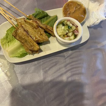 Thai E-San Restaurant - Pork satay with peanut sauce and sweet spicy chili - Thai Near Me - Myrtle Beach, South Carolina