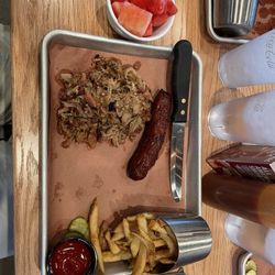 Jim 'N Nick's Bar-B-Q - Carolina pulled pork with vinegar sauce, cheddar jalapeño sausage, fries and watermelon. Delicious!  Sausage was really good!