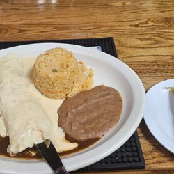Pick three, enchilada, burrito, and deep fried taco