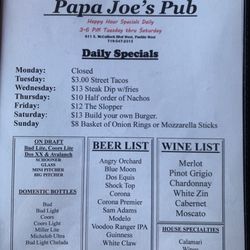 Papa Joe’s Pub - Daily specials and drinks.