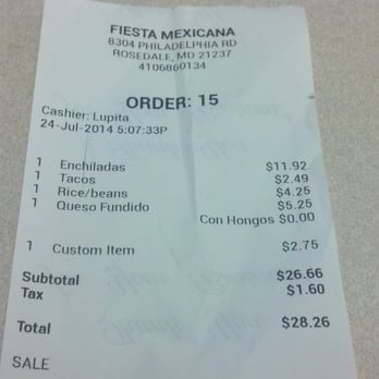Fiesta Mexicana - Total for an order of enchiladas (you get 4), one taco, an order of rice and beans, an order of queso with mushrooms, and flan! - Mexican Near Me - Rosedale, Maryland