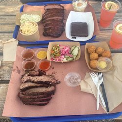 Scotty's Whole Hog Barbecue - Brisket, with mac and cheese, coleslaw, hush puppies, banana pudding, chocolate brownie, and last strawberry lemonade.