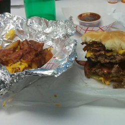Mountain's BBQ - The Double Mountain Double Bacon burger with loaded fries - bacon bits on the fries? No, just straight up bacon strips.