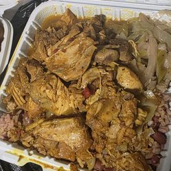 Large curry chicken with rice &peas with cabbage