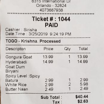 Bawarchi Biryanis - Dinner 3/25/09. $43.07. - Indian Near Me - Orlando, Florida