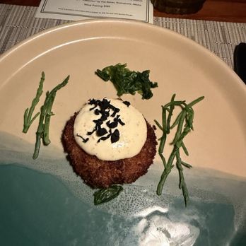 El Farallón - Crab cake with a kimchi mayonnaise that should have been on the side as it was way too much on top and the crab cake was salty - Seafood Near Me - Cabo San Lucas, BCS