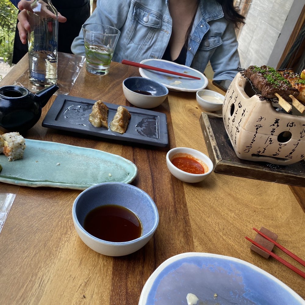 Salmón sushi , Gyoza and steak/octopus sticks Salmón sushi , Gyoza and steak/octopus sticks