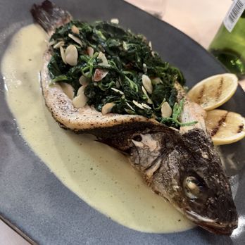 Monna - Branzino Fish with spinach and almond sauce - Middle Eastern Near Me - La Crescenta-Montrose, California