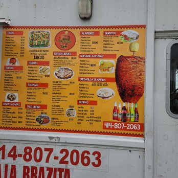 Taqueria la Brazita - a menu on a food truck - Food Trucks Near Me - Milwaukee, Wisconsin Taqueria la Brazita - a menu on a food truck - Food Trucks Near Me - Milwaukee, Wisconsin