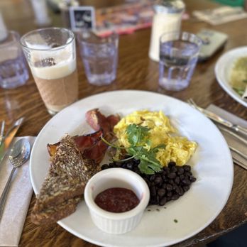 Cafe Pasqual's - Eggs, black beans, Gluten Free seeded bread, jam - Vegetarian Near Me - Santa Fe, New Mexico