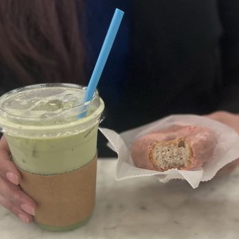 Doughnut Plant - Matcha latte with oat milk, Raspberry Cake Donut - Donuts Near Me - New York, New York Doughnut Plant - Matcha latte with oat milk, Raspberry Cake Donut - Donuts Near Me - New York, New York