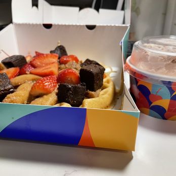 Demetres - a box of waffles and a cup of ice cream - Desserts Near Me - Whitby, Ontario