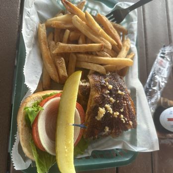 Boondocks Restaurant - Fish sandwich, garlic seared and blackened with a side of fries - Seafood Near Me - Port Orange, Florida