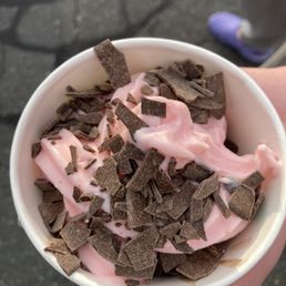 Strawberry froyo with dark chocolate shavings
