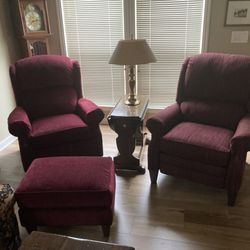 Andreas Furniture - Two custom ordered Smith Brothers chairs in our Great Room upholstered to match a color in the adjacent sofa.