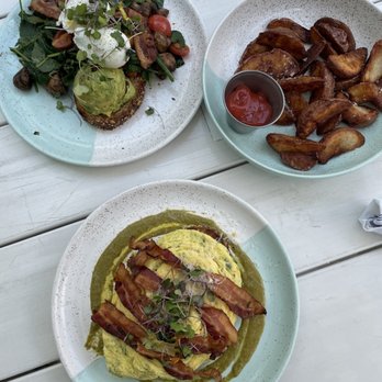 Bluestone Lane - BL Big Brekkie, Folded Chimichurri Eggs & Bacon Toast, Side Wedges IG: @bobabitchess - Coffee & Tea Near Me - Orange, California