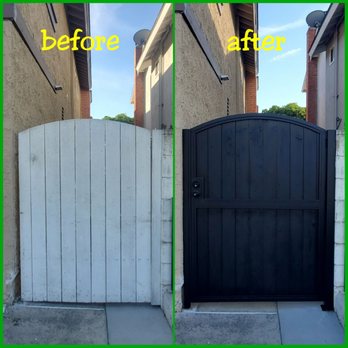OC Gates - Before and after. Metal framed gate with painted redwood panels. - Fences & Gates Near Me - Laguna Niguel, California OC Gates - Before and after. Metal framed gate with painted redwood panels. - Fences & Gates Near Me - Laguna Niguel, California