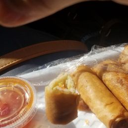 Holding eggroll by the hair strand. Really stuck inside Holding eggroll by the hair strand. Really stuck inside