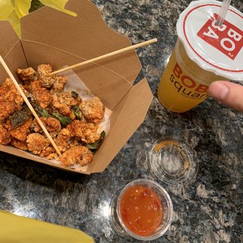 Boba Square - Spicy popcorn chicken with sweet and sour sauce and mango tea - Coffee & Tea Near Me - Irvine, California
